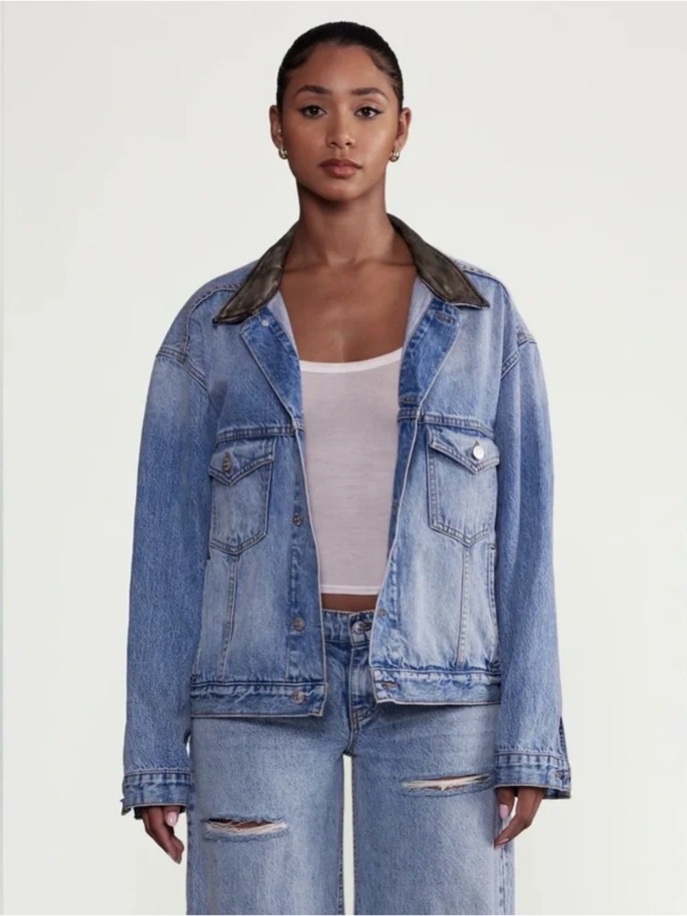 NEW REVICE DENIM Denim Jacket with Leather Collar